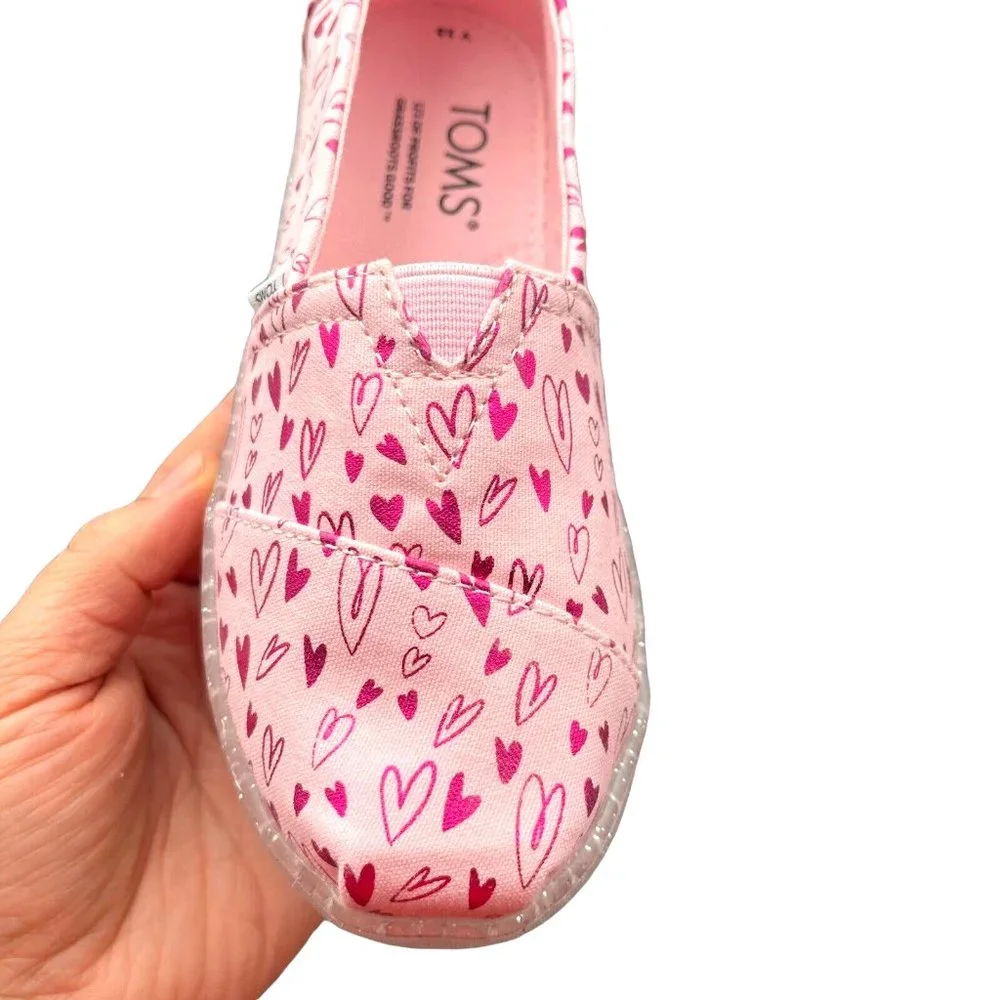 Toms Little Girls Alpargata‎ Shoes Size 13 Pink Heart Print Slip on Lightweight